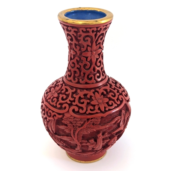 Vintage/Estate Red Carved Chinese Cinnabar Vase With Brass and Blue Enamel - Picture 1 of 17